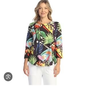 Jess & Jane Womens 2X Tropical Leaf Print 3/4 Sleeve Top Multi Color Made in USA